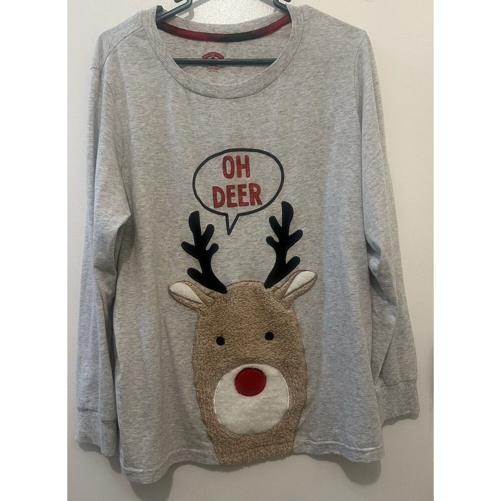 Holiday Time Womens OH DEER Shirt Reindeer Raised 3D Design Grey Size XL